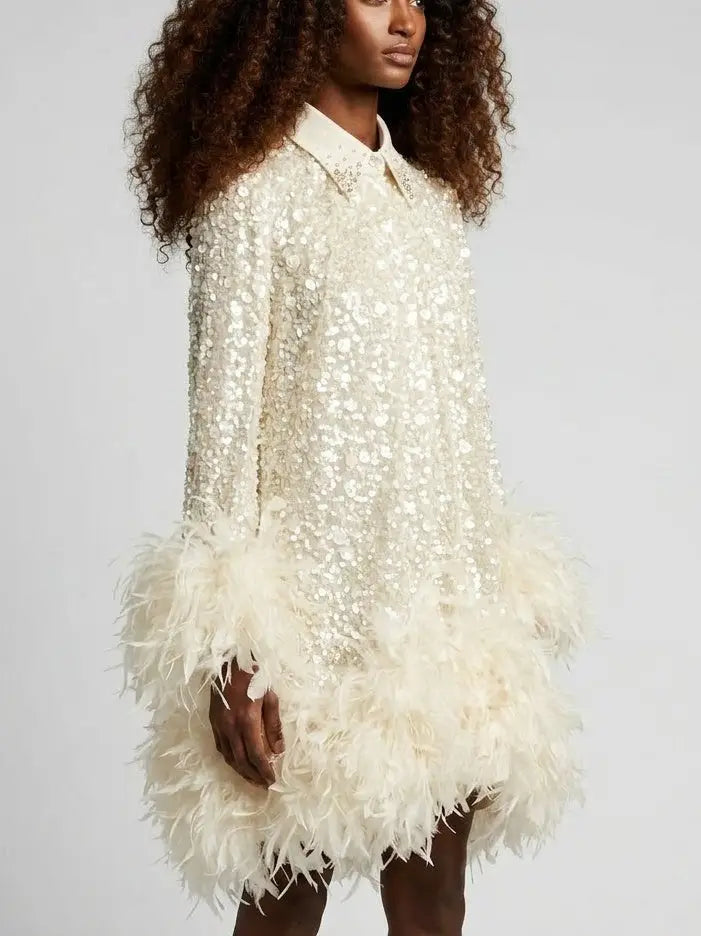 Ivory Sequin Feather Trim Mini Dress with Collar - Dresses
