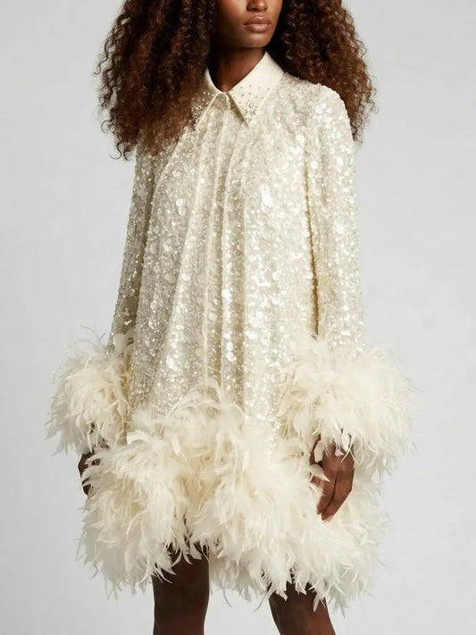 Ivory Sequin Feather Trim Mini Dress with Collar - Dresses