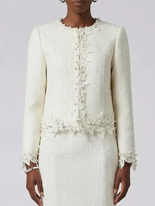 Ivory Tweed Jacket and Midi Skirt Set - Suits & Sets