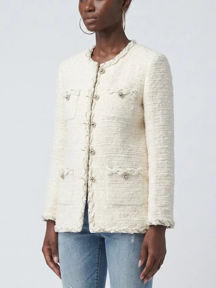 Ivory Tweed Jacket with Jeweled Buttons - Jackets