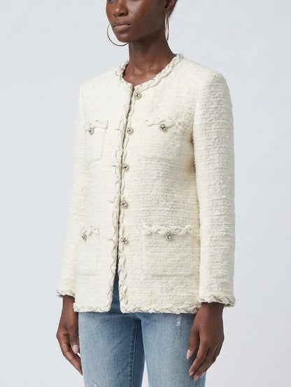 Ivory Tweed Jacket with Jeweled Buttons - Jackets