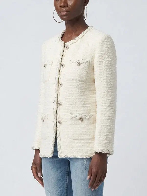 Ivory Tweed Jacket with Jeweled Buttons - Jackets