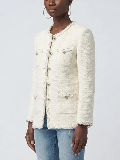 Ivory Tweed Jacket with Jeweled Buttons - Jackets