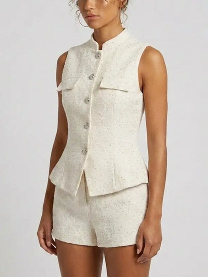Ivory Tweed Vest Top and Shorts Set - Suits & Sets