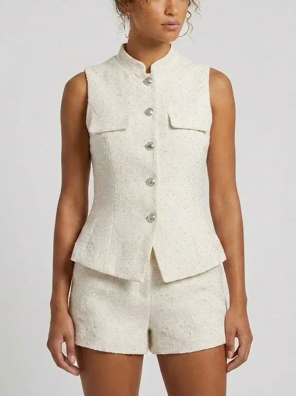 Ivory Tweed Vest Top and Shorts Set - Suits & Sets