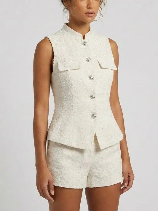 Ivory Tweed Vest Top and Shorts Set - Suits & Sets