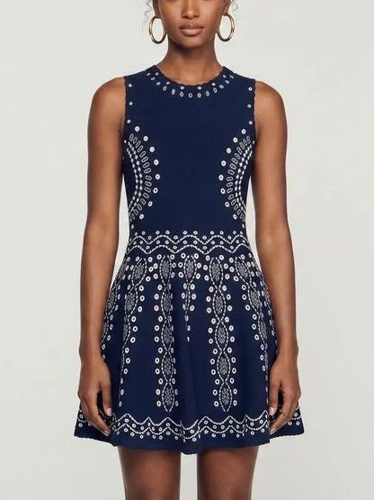 Jacquard Knit Fit and Flare Sleeveless Mini Dress - S - Dresses