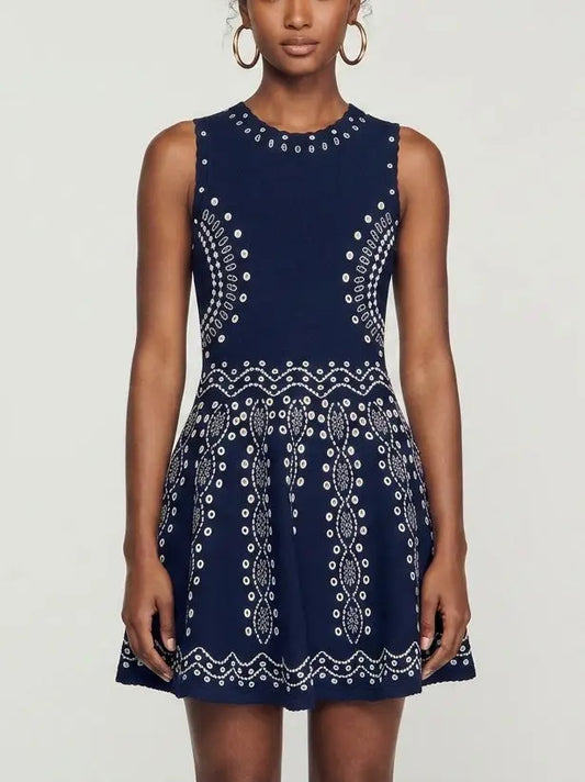 Jacquard Knit Fit and Flare Sleeveless Mini Dress - S - Dresses