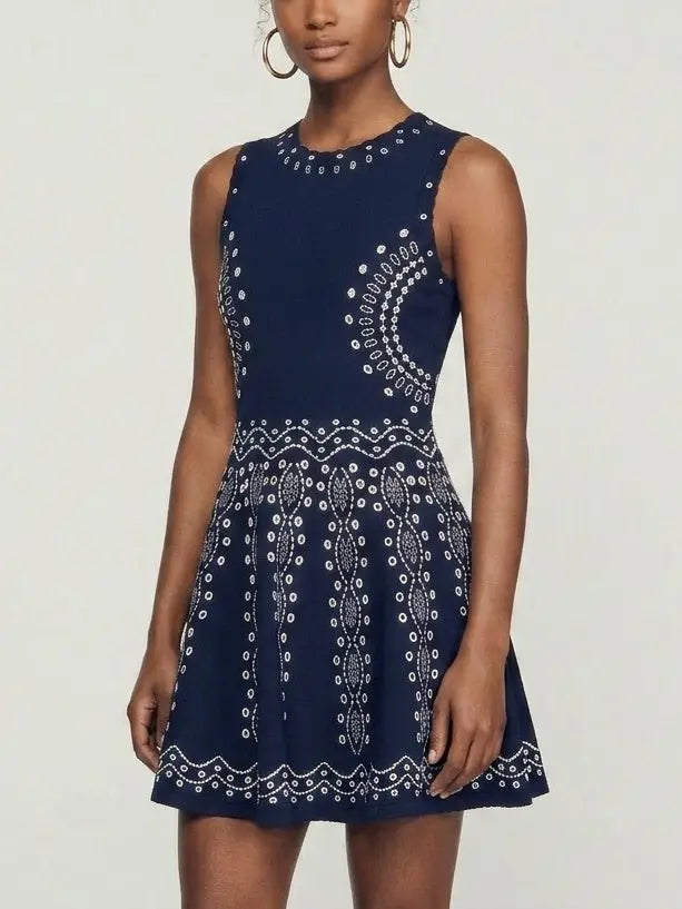 Jacquard Knit Fit and Flare Sleeveless Mini Dress - Dresses