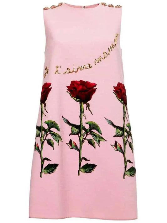 Je T'Aime Maman Embroidered Mini Shift Dress in Pink - Branna Couture