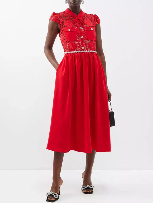 Jewel-Belted Lace and Crepe Midi Dress