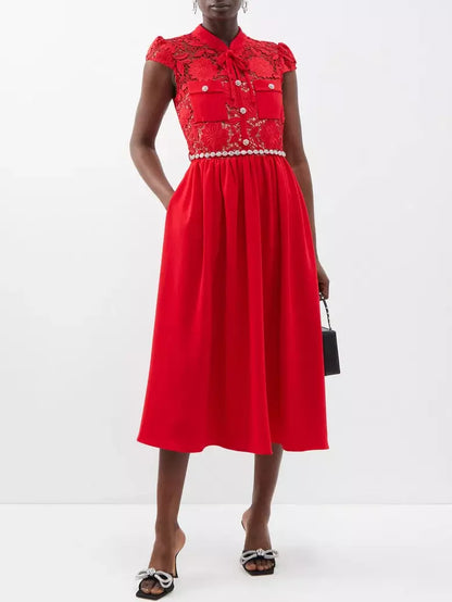 Jewel-Belted Lace and Crepe Midi Dress