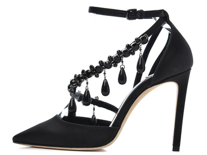 Women’s Jewel-Embellished Black High-Heel Satin Pumps Branna Couture