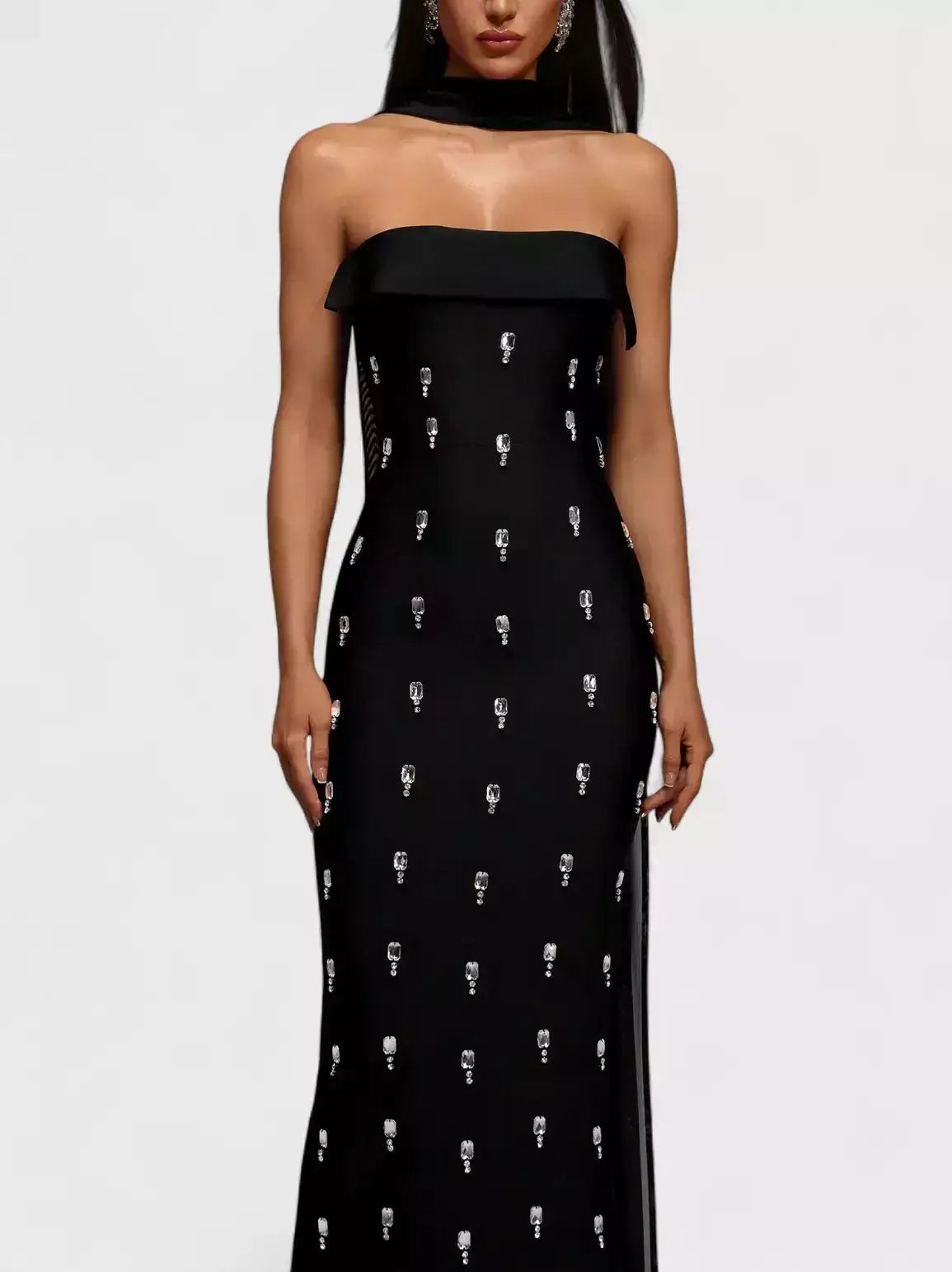 Jewel-Embellished Sleeveless Black Sheath Evening Gown - Dresses