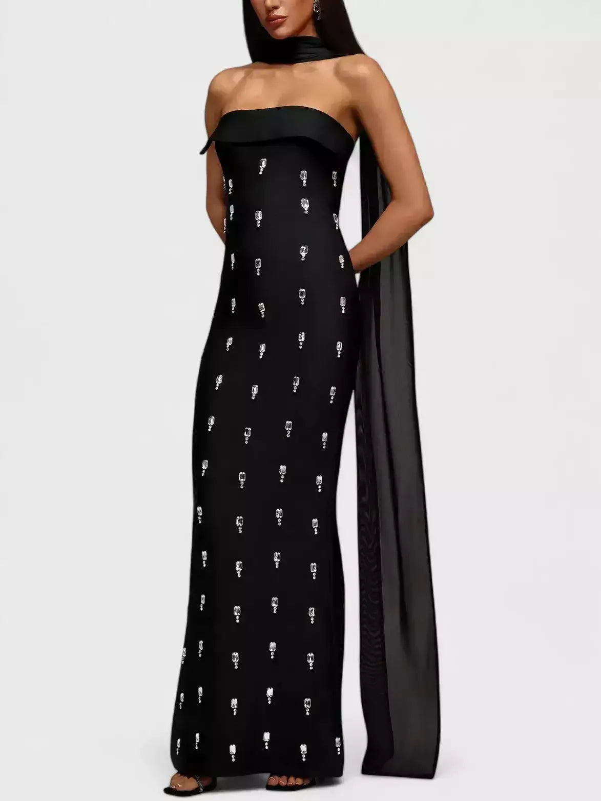 Jewel-Embellished Sleeveless Black Sheath Evening Gown - Dresses