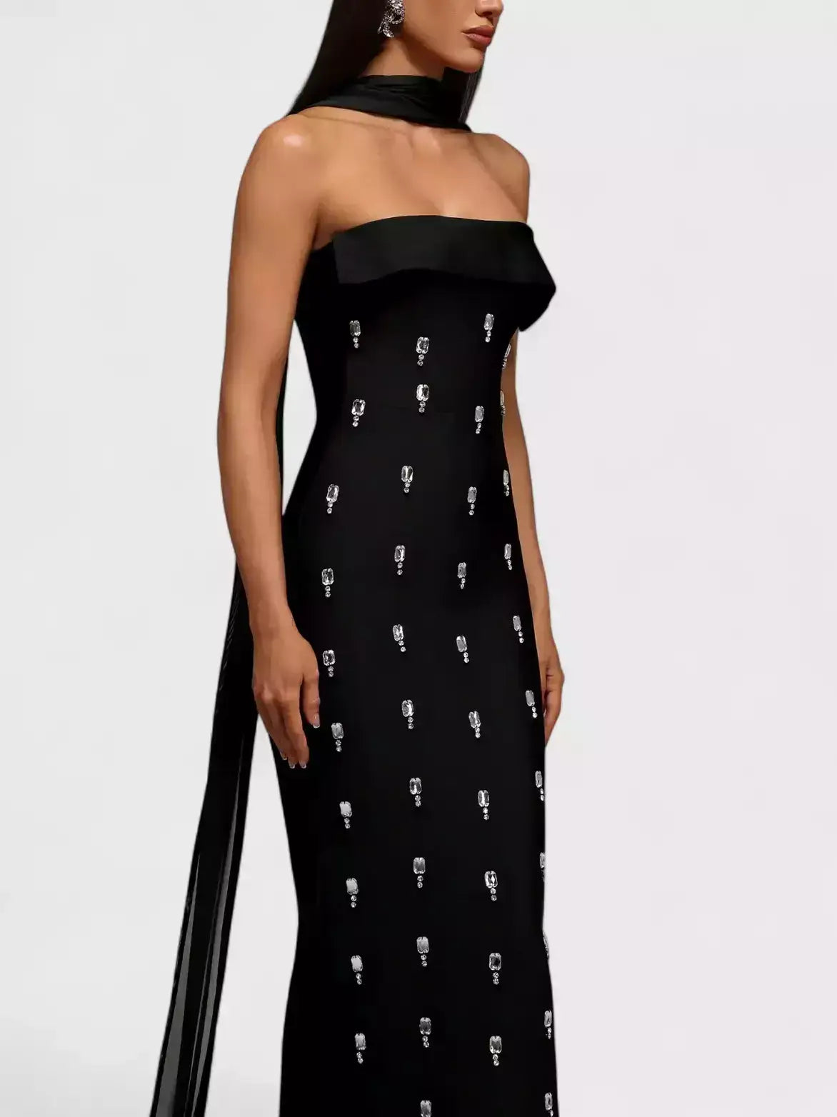 Jewel-Embellished Sleeveless Black Sheath Evening Gown - Dresses