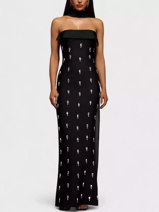 Jewel-Embellished Sleeveless Black Sheath Evening Gown - Small - Dresses
