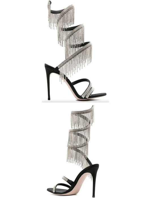 Jewel-Fringed Black Wrap-Around High Heel Gladiator Sandals - Branna Couture