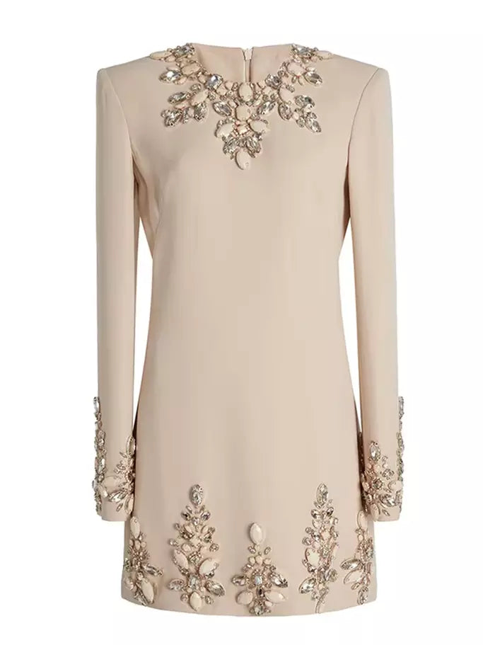 Jewel Embellished Cady Mini Dress in Beige Branna Couture