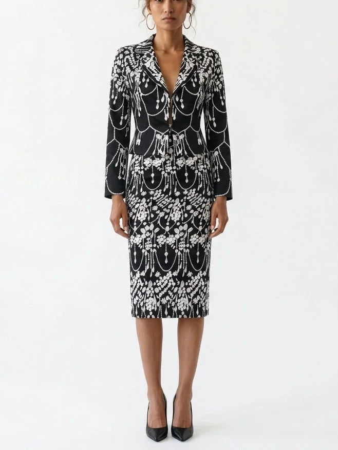Jewel Motif Jacket and Pencil Skirt Set - Small - Suits & Sets