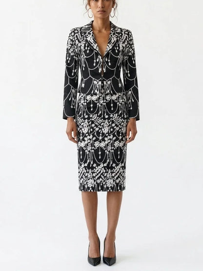 Jewel Motif Jacket and Pencil Skirt Set - Small - Suits & Sets