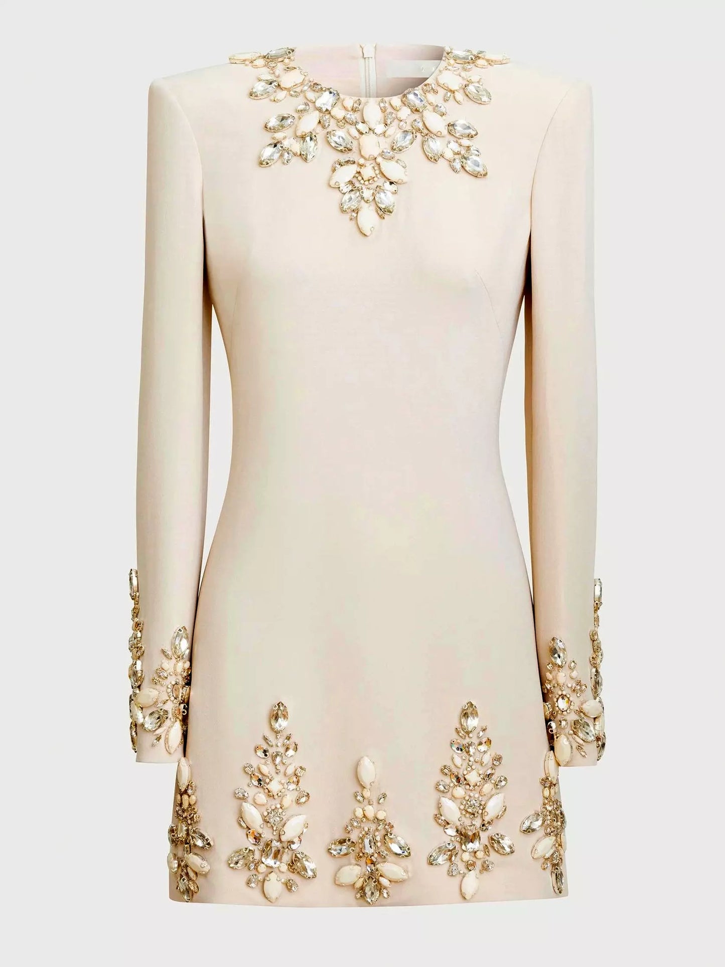 Jewel Embellished Cady Mini Dress in Beige