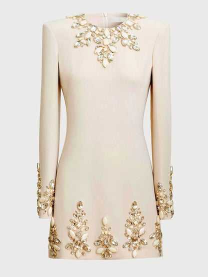 Jewel Embellished Cady Mini Dress in Beige