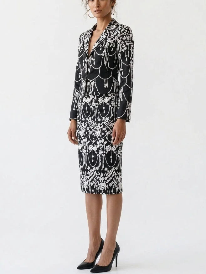 Jewel Motif Jacket and Pencil Skirt Set - Suits & Sets