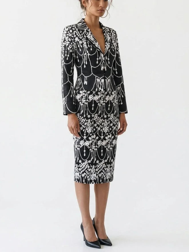 Jewel Motif Jacket and Pencil Skirt Set - Suits & Sets