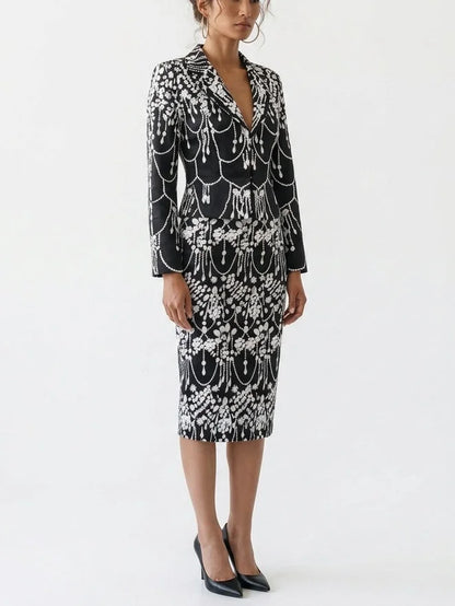 Jewel Motif Jacket and Pencil Skirt Set - Suits & Sets