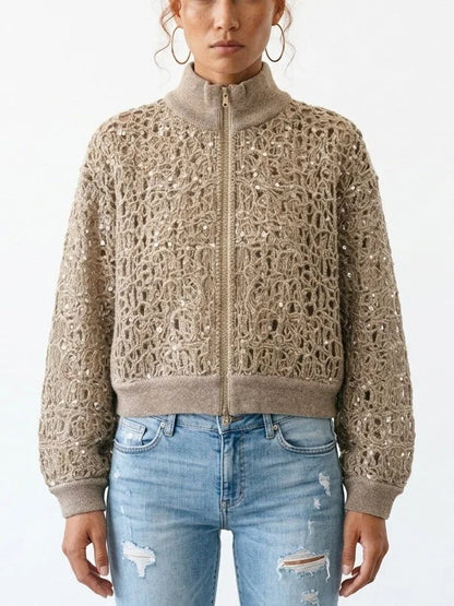 Khaki Beige Open-Knit Sequin Zip Front Cardigan - Small - Sweaters & Knitwear