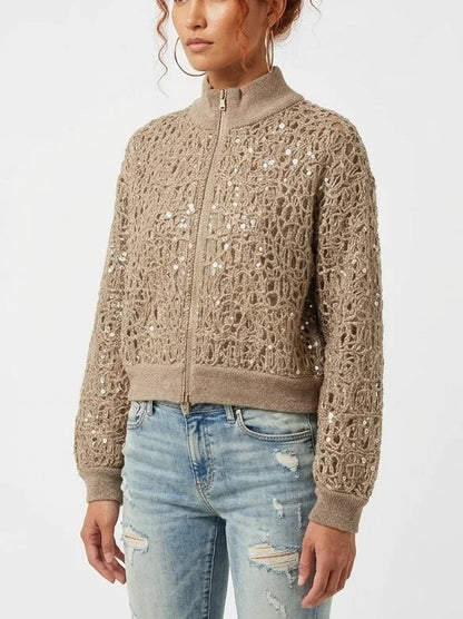 Khaki Beige Open-Knit Sequin Zip Front Cardigan - Sweaters & Knitwear