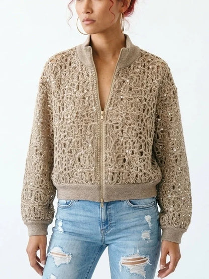 Khaki Beige Open-Knit Sequin Zip Front Cardigan - Sweaters & Knitwear