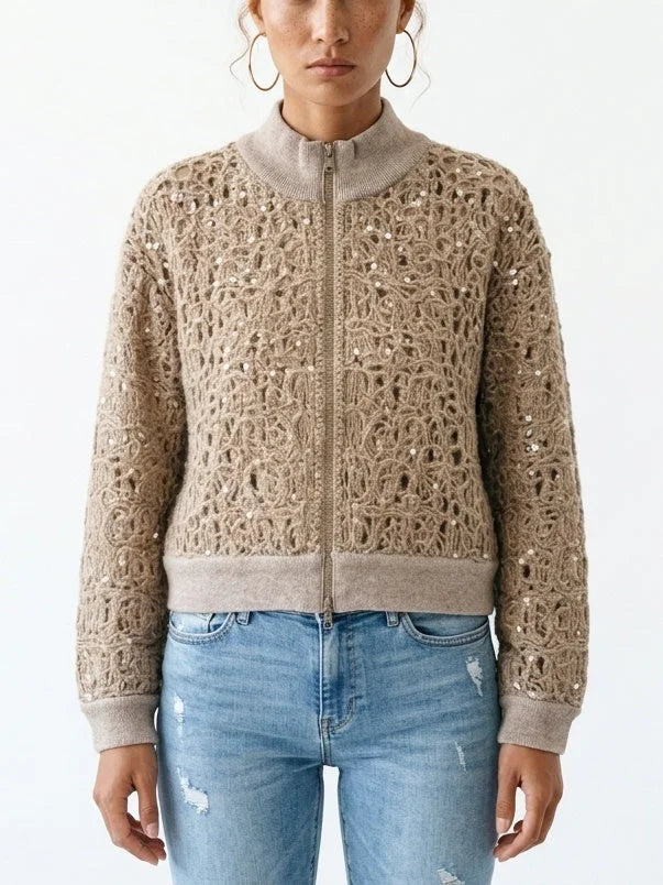Khaki Beige Open-Knit Sequin Zip Front Cardigan - Sweaters & Knitwear