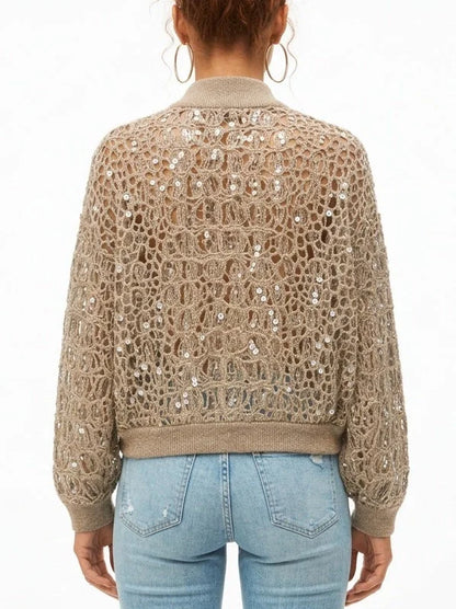 Khaki Beige Open-Knit Sequin Zip Front Cardigan - Sweaters & Knitwear