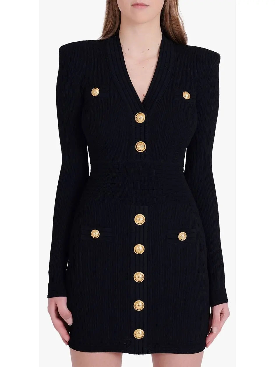 Knit Dress with Gold-Tone Buttons - Branna Couture