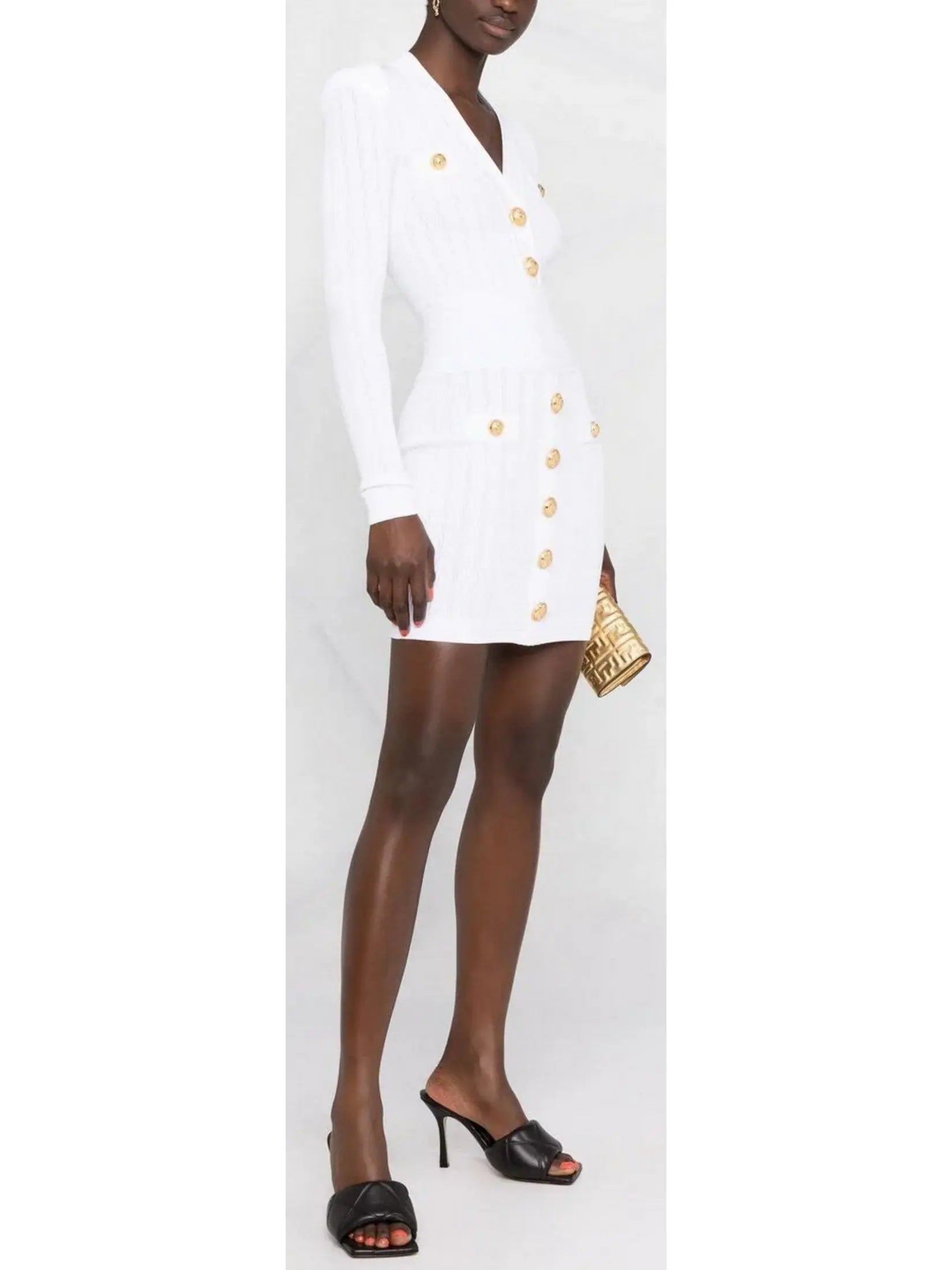 Knit Dress with Gold-Tone Buttons in White - Branna Couture