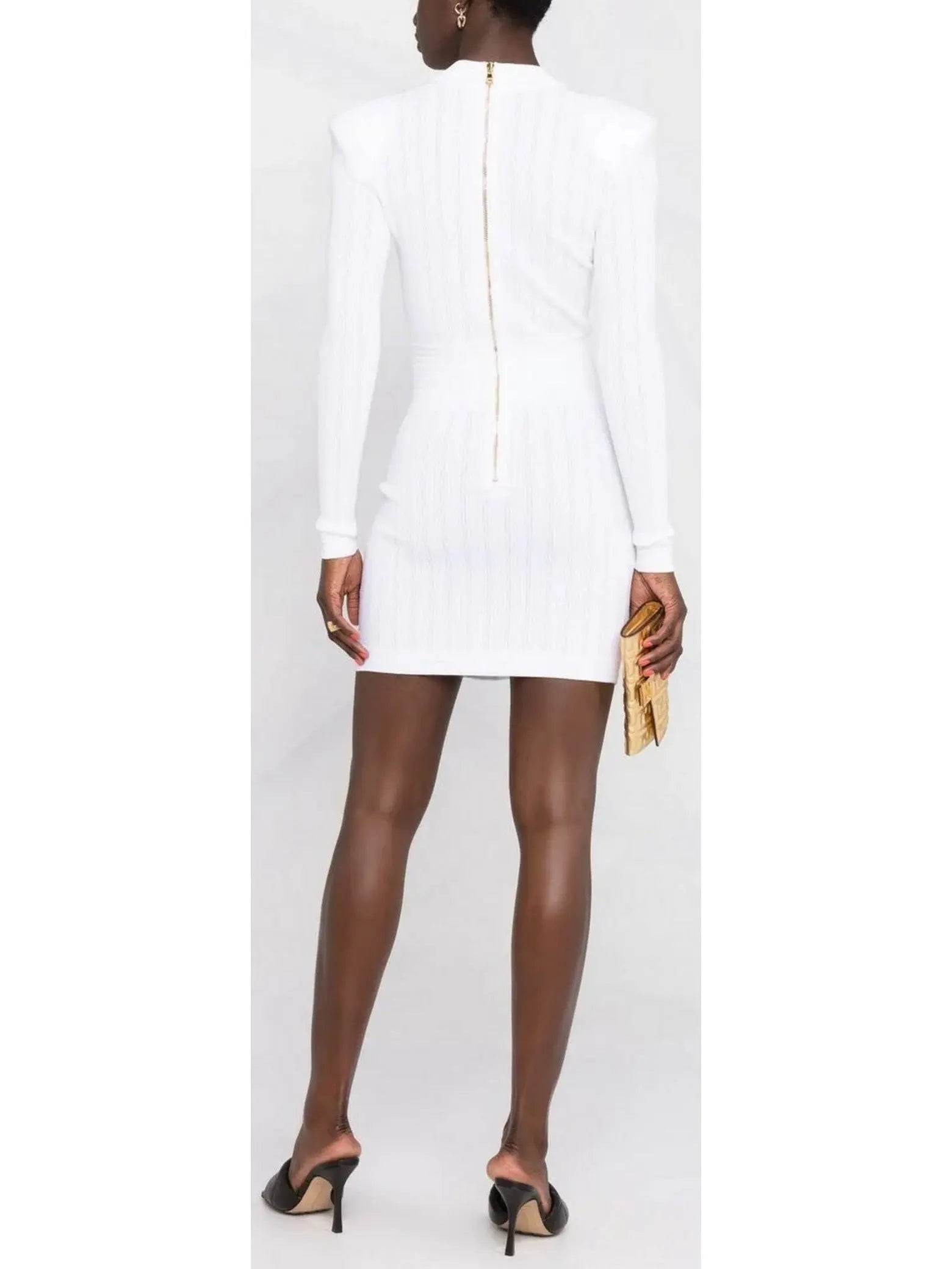 Knit Dress with Gold-Tone Buttons in White - Branna Couture