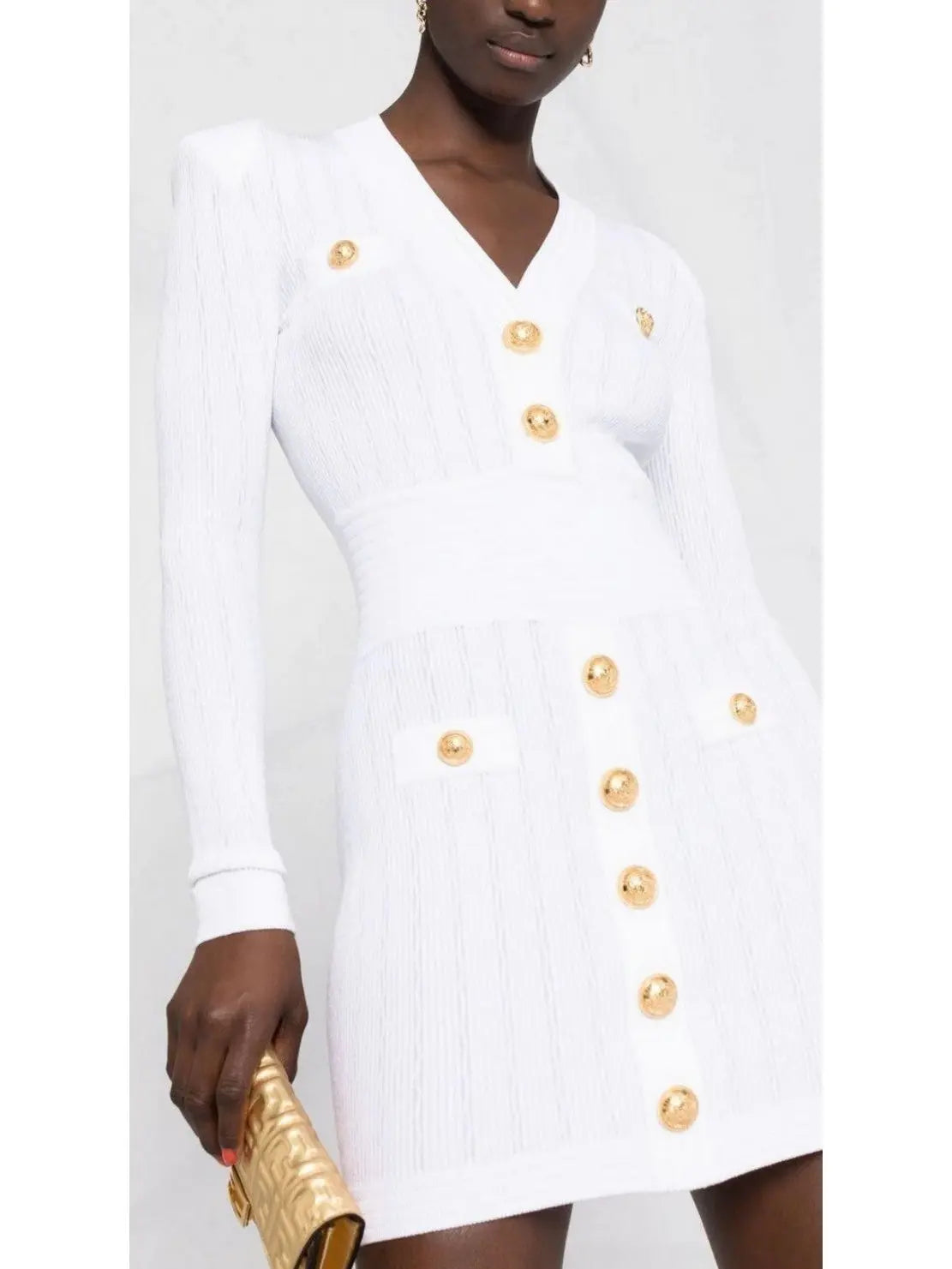 Knit Dress with Gold-Tone Buttons in White - Branna Couture