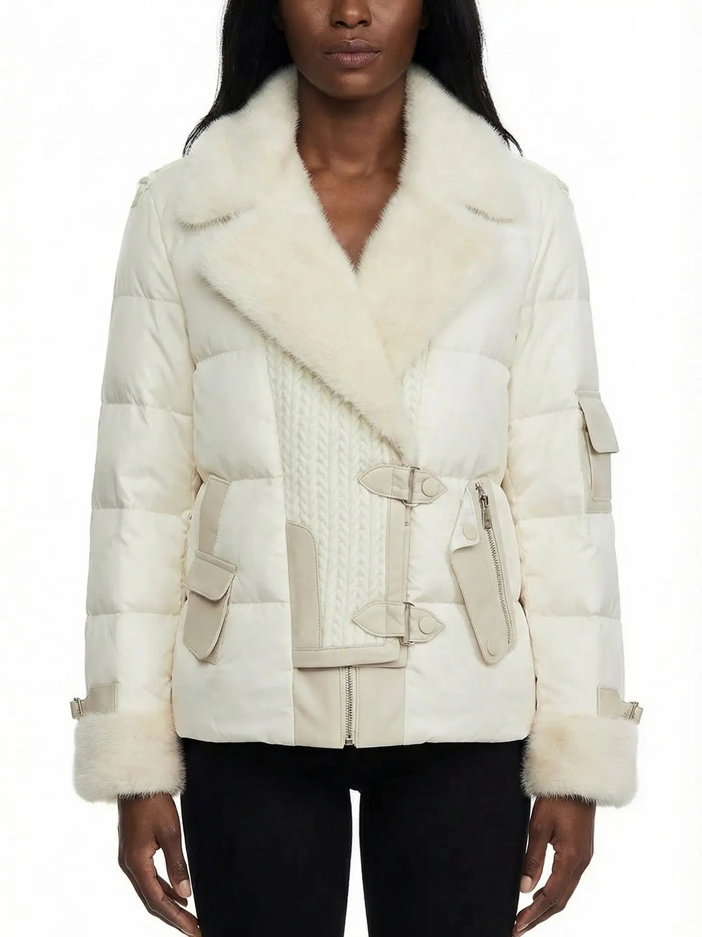 Knit-Panel Down Jacket with Mink Fur Trim - XS - Jackets
