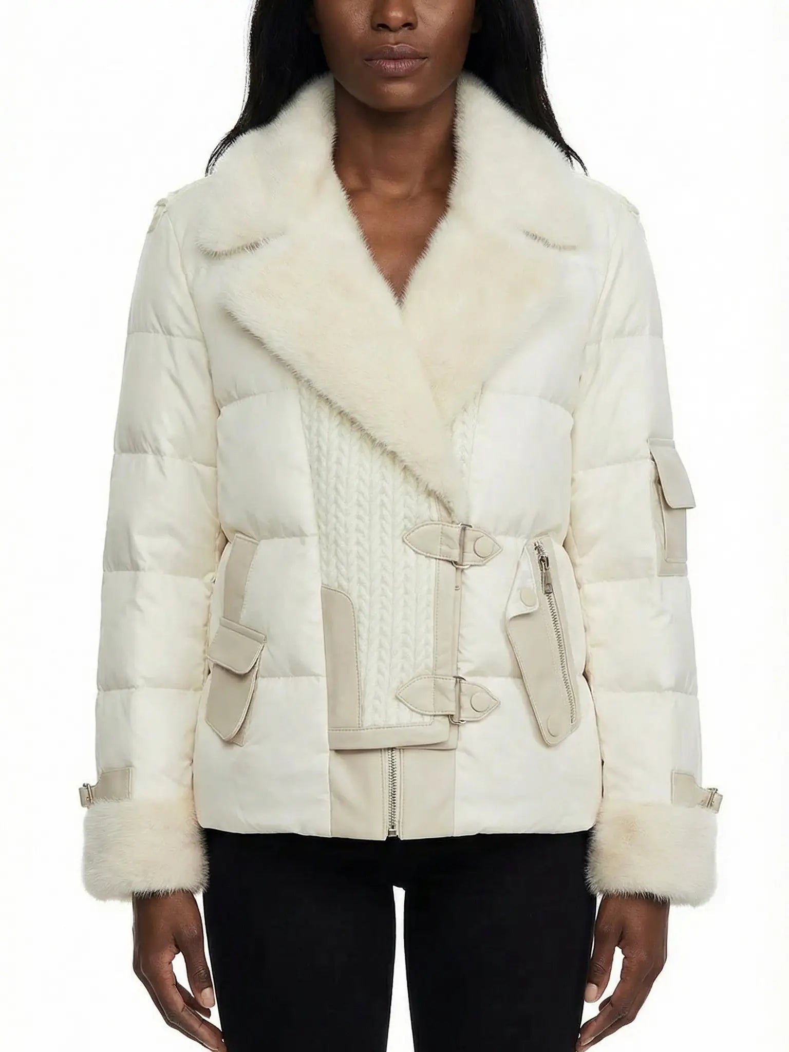 Knit-Panel Down Jacket with Mink Fur Trim - XS - Jackets