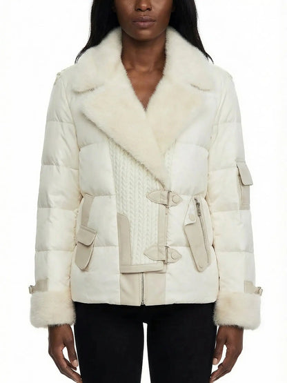 Knit-Panel Down Jacket with Mink Fur Trim - XS - Jackets