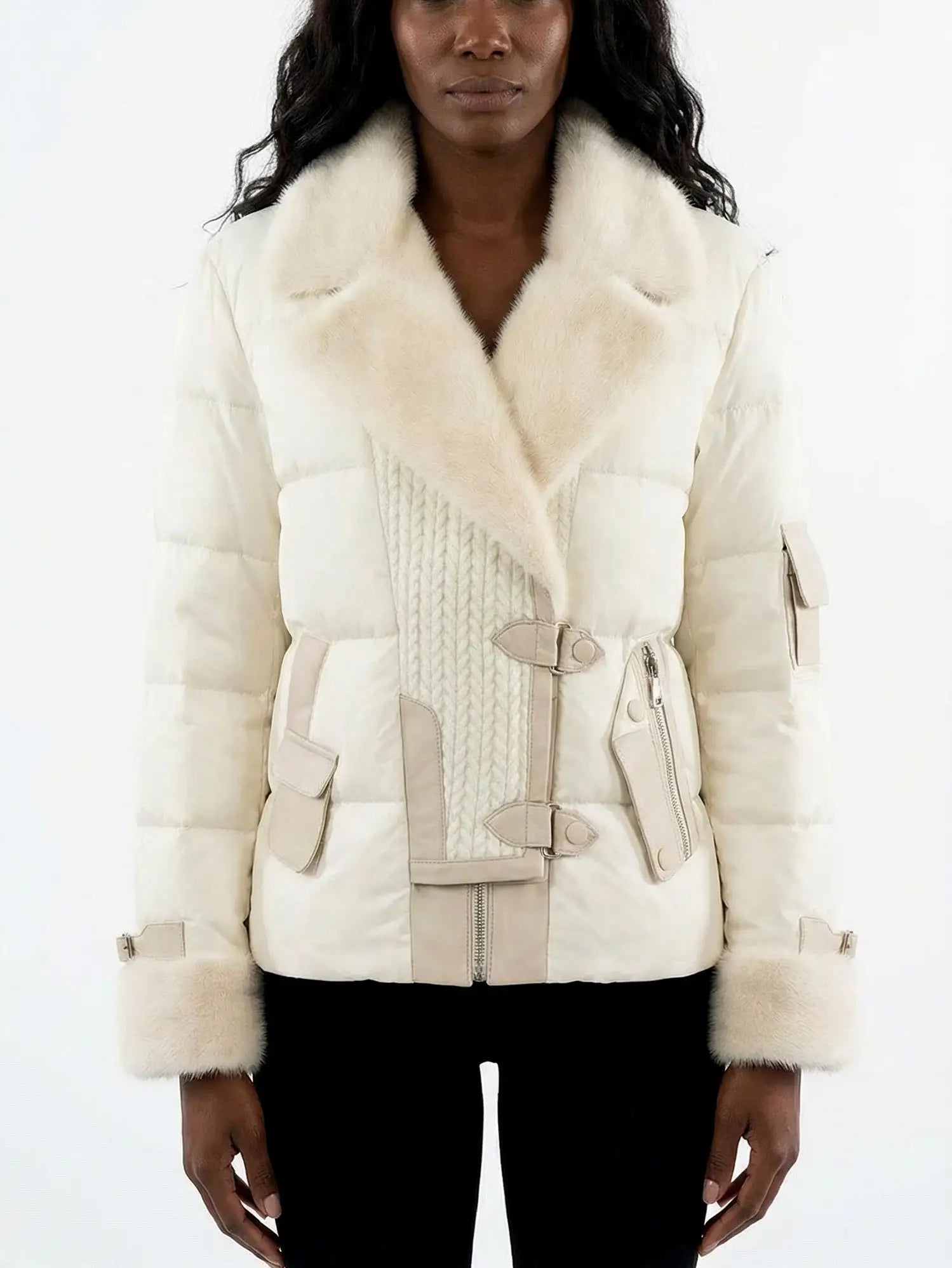Knit-Panel Down Jacket with Mink Fur Trim - Jackets