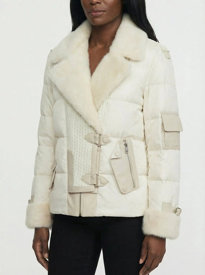 Knit-Panel Down Jacket with Mink Fur Trim - Jackets
