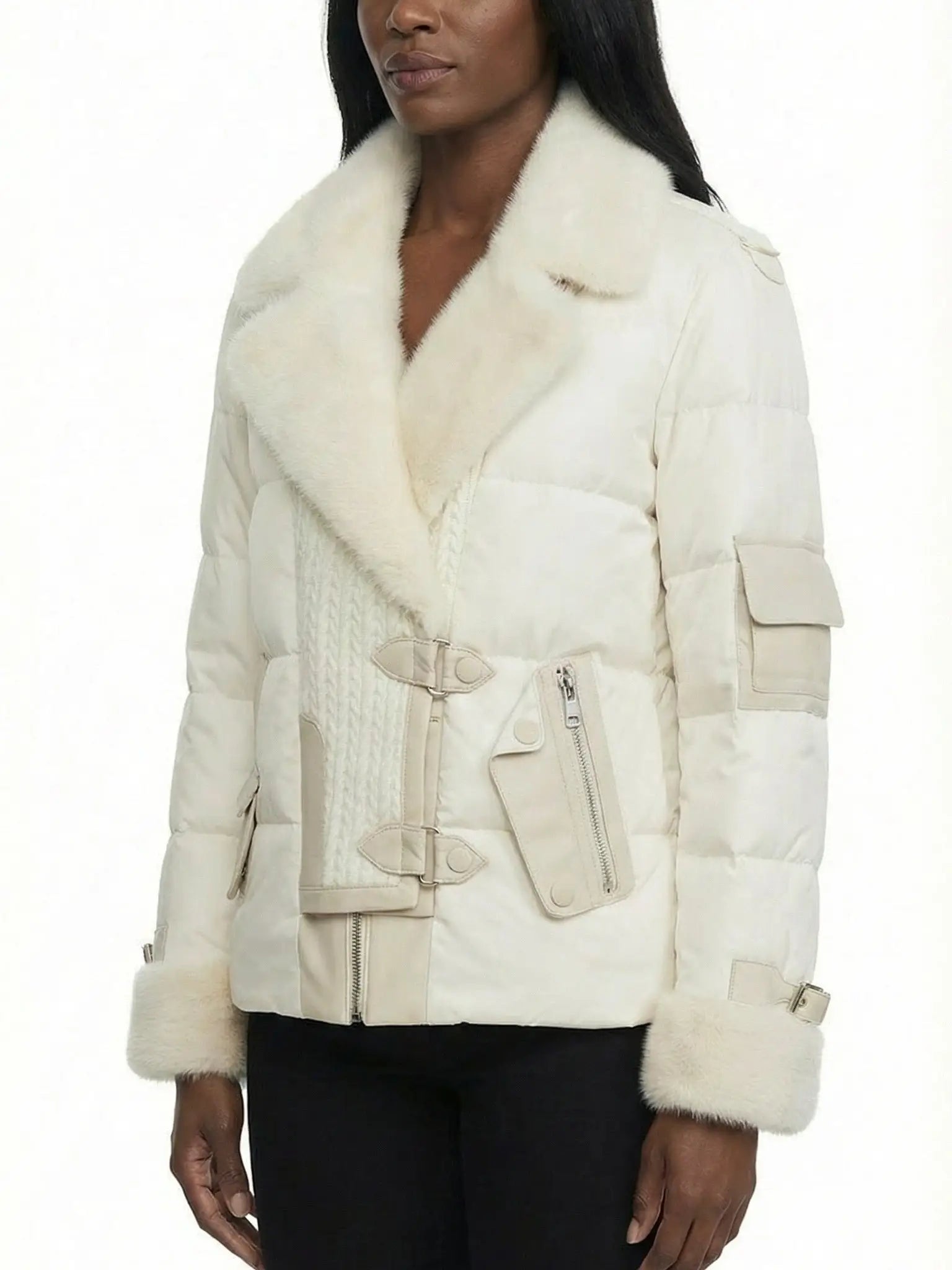 Knit-Panel Down Jacket with Mink Fur Trim - Jackets
