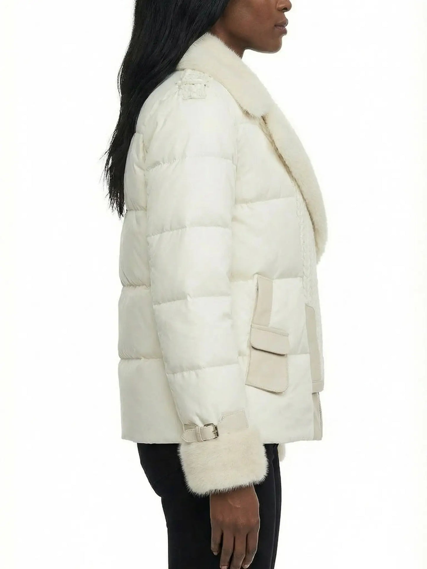 Knit-Panel Down Jacket with Mink Fur Trim - Jackets