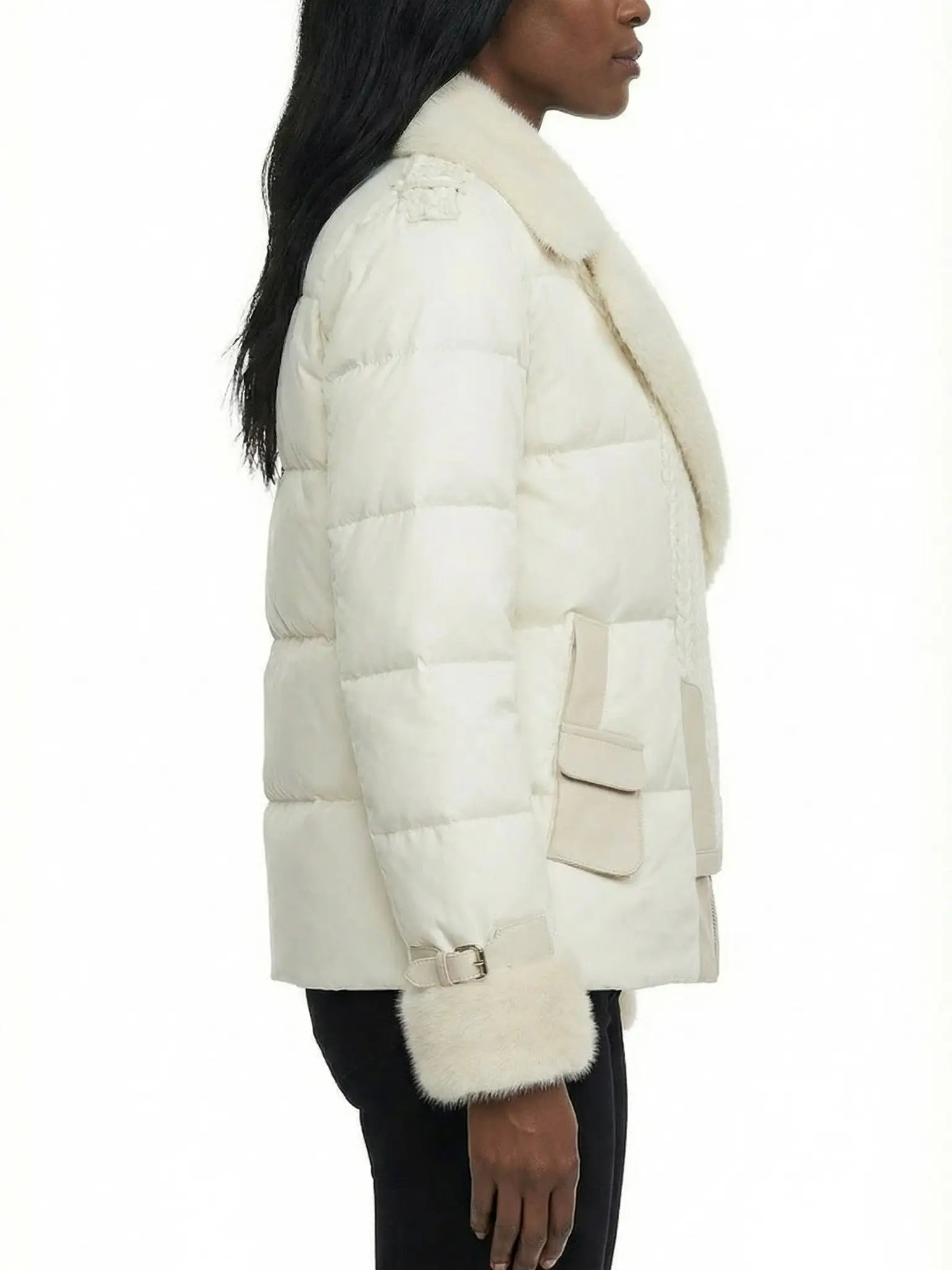 Knit-Panel Down Jacket with Mink Fur Trim - Jackets