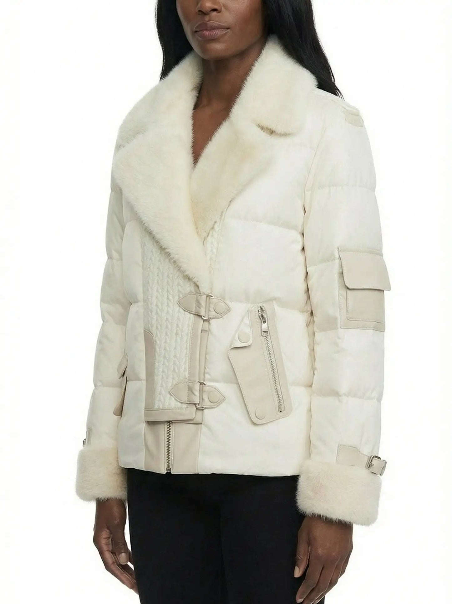 Knit-Panel Down Jacket with Mink Fur Trim - Jackets