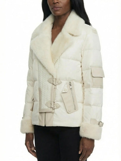 Knit-Panel Down Jacket with Mink Fur Trim - Jackets