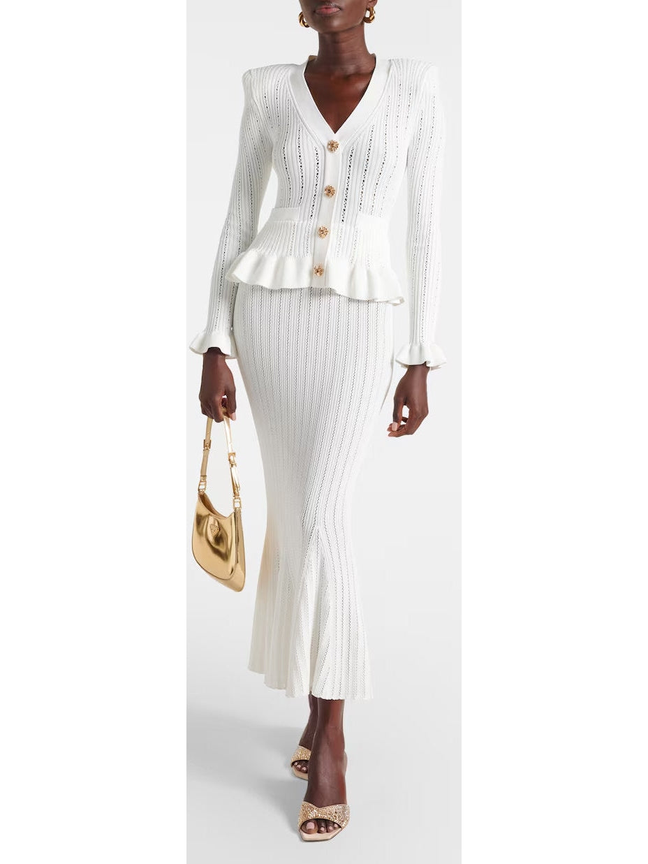 Knit Peplum White Button-Down Midi Dress - Branna Couture